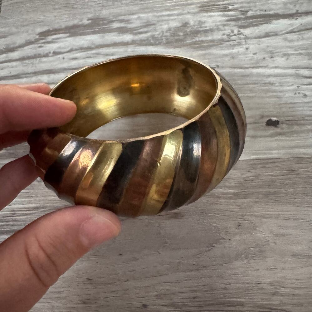 Vintage 70s Mixed Metal Striped Wide Bangle Bracelet Copper Brass Tone Boho